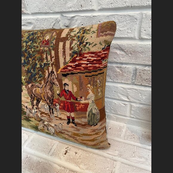 Equestrian Petit Point Needlepoint Pillow - Hounds and Horses - Fox Hunt - EUC - Picture 3 of 5